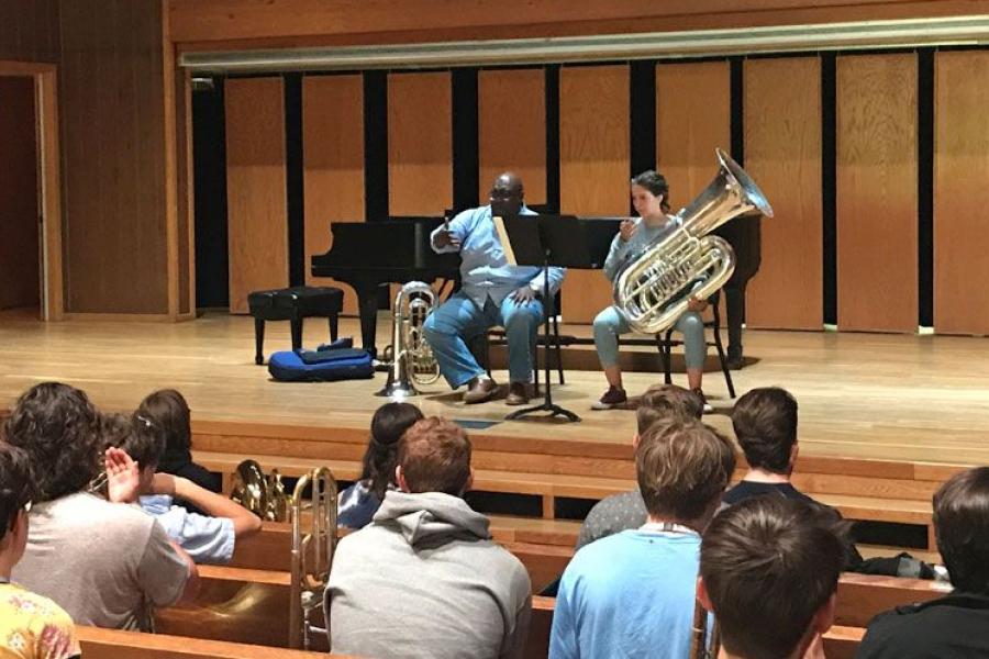 Demondrae Thurman (left) teaches a master class at the 2019 Trombone, Tuba, and Euphonium Institute.
