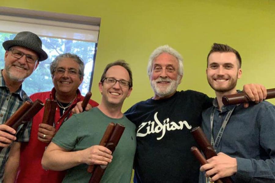 Kvistad with the 2019 Percussion Institute faculty. From left: Terry Longshore, Keith Aleo, Jeffrey Irvine, Garry Kvistad, and Neil McNulty. Photo courtesy of Keith Aleo.