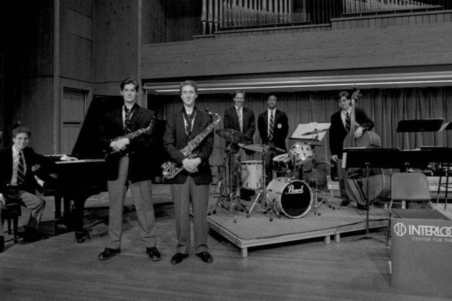Perkins (left, seated at piano) with the Interlochen Arts Academy jazz ensemble in 1994.